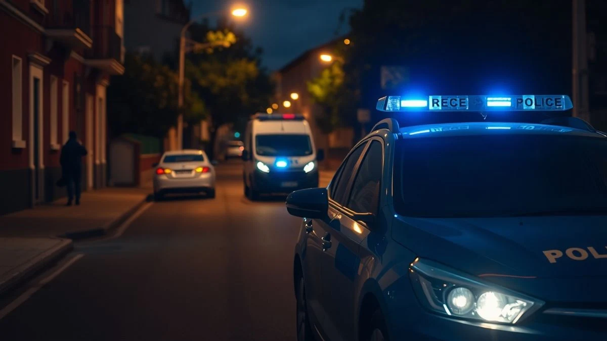 National Police car with blue lights on a residential street in Marbella at night, with a stopped van in the background