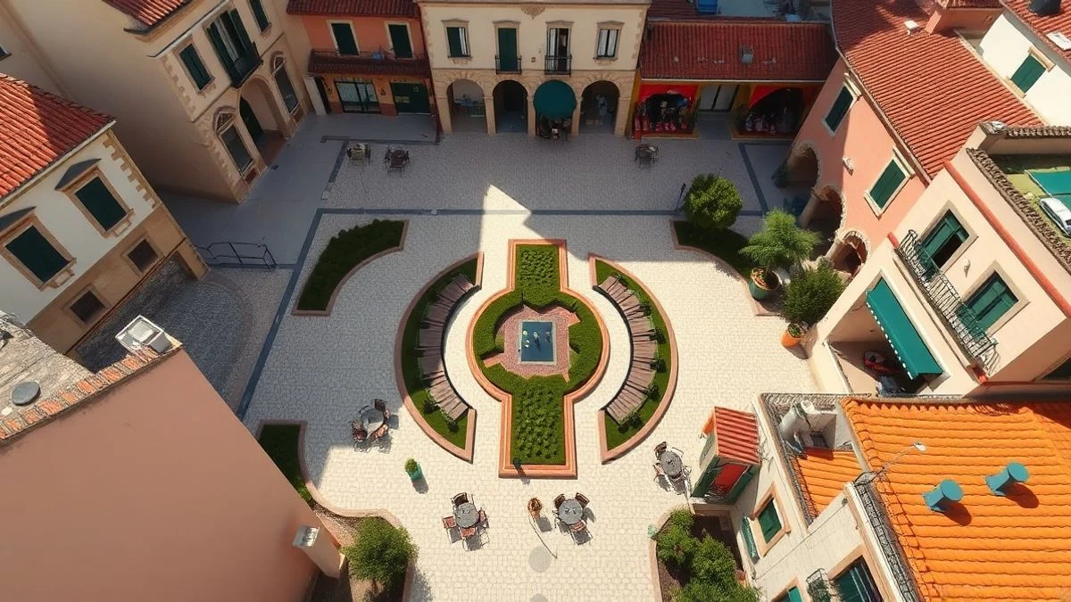 Vista aérea de la plaza renovada con zona ajardinada, fuente y parque infantil en Ronda