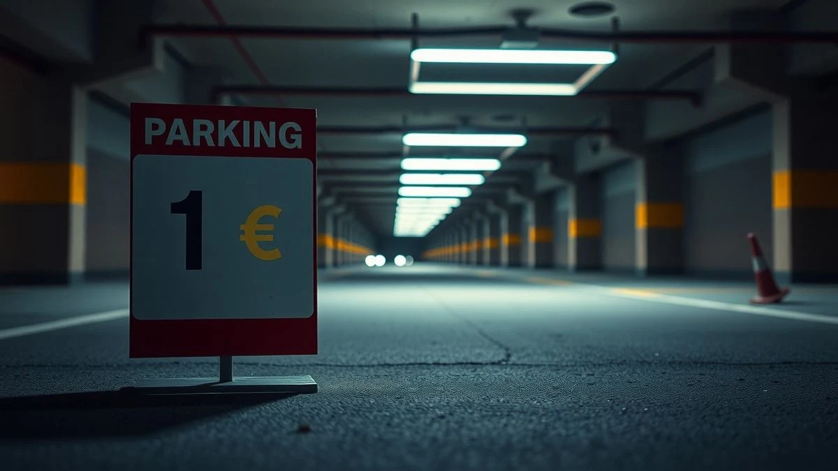Illustrative image: parking rate sign with the price of 1 euro, in an underground garage with polished floor and fluorescent lights.