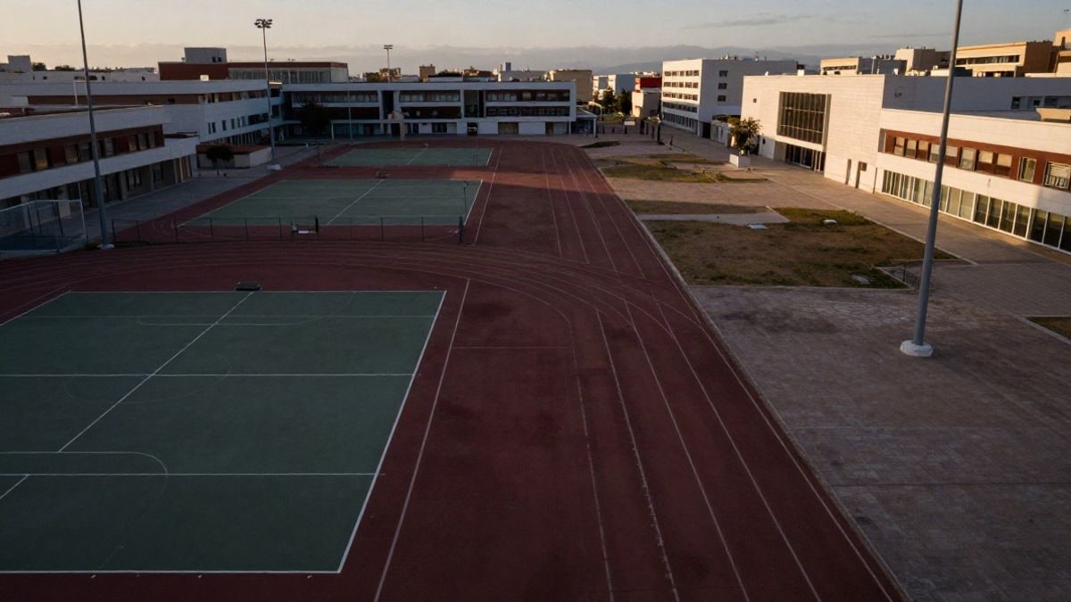 Imagen ilustrativa: un complejo deportivo municipal vacío con pistas y pabellones al atardecer