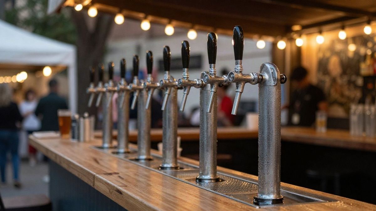 Illustrative image: beer taps on a wooden bar during an outdoor festival