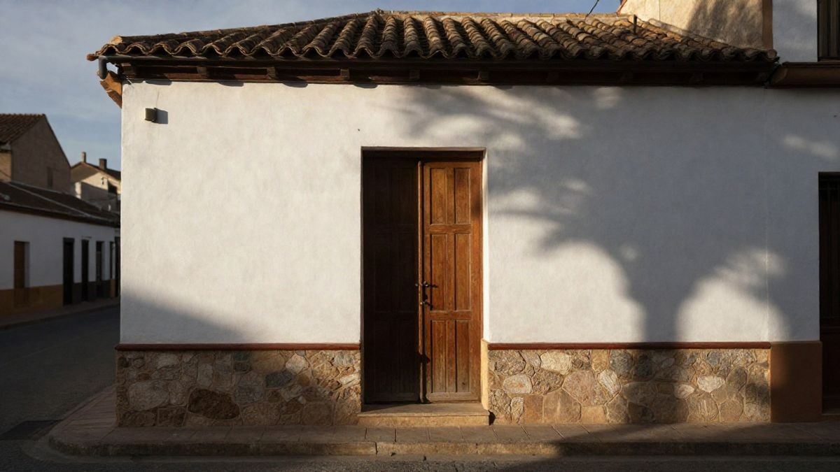 Imagen ilustrativa: fachada de una vivienda modesta de dos plantas en una calle residencial al atardecer