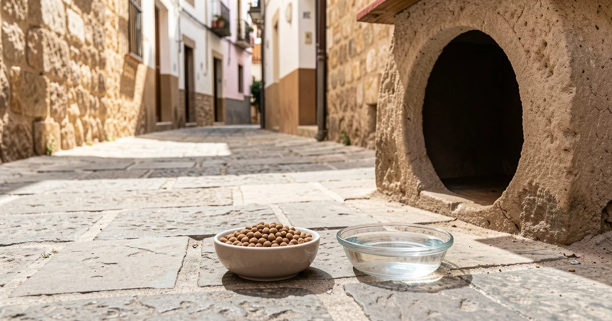 Feeder and water bowl for cats in a sunny alley in Marbella