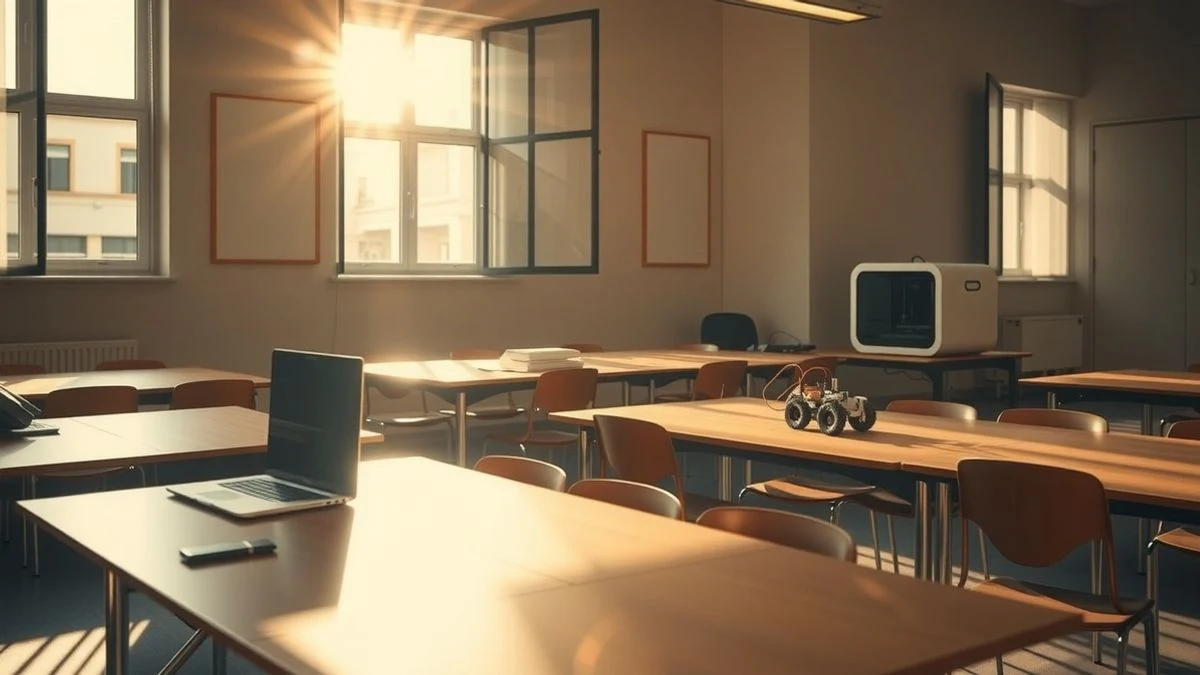 Aula con mesas, sillas, portátil y kit de robótica, luz de atardecer y sombras largas