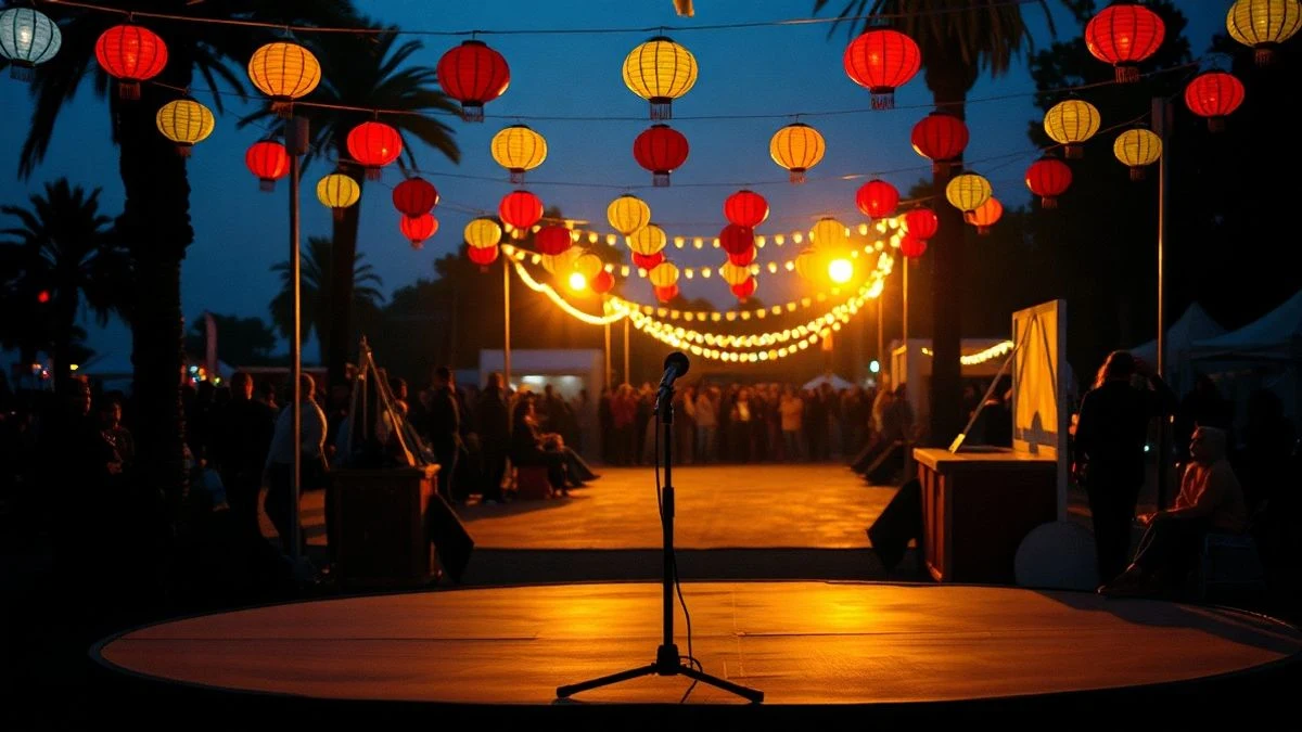Imagen ilustrativa: un escenario vacío con micrófono en una caseta de feria andaluza al atardecer, con farolillos de fondo