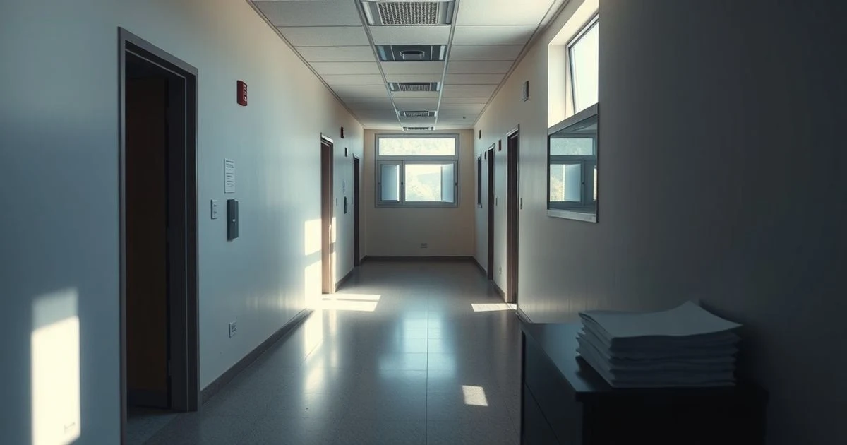 Pasillo vacío de un centro de salud público andaluz con un escritorio y papeles, iluminado por luz natural