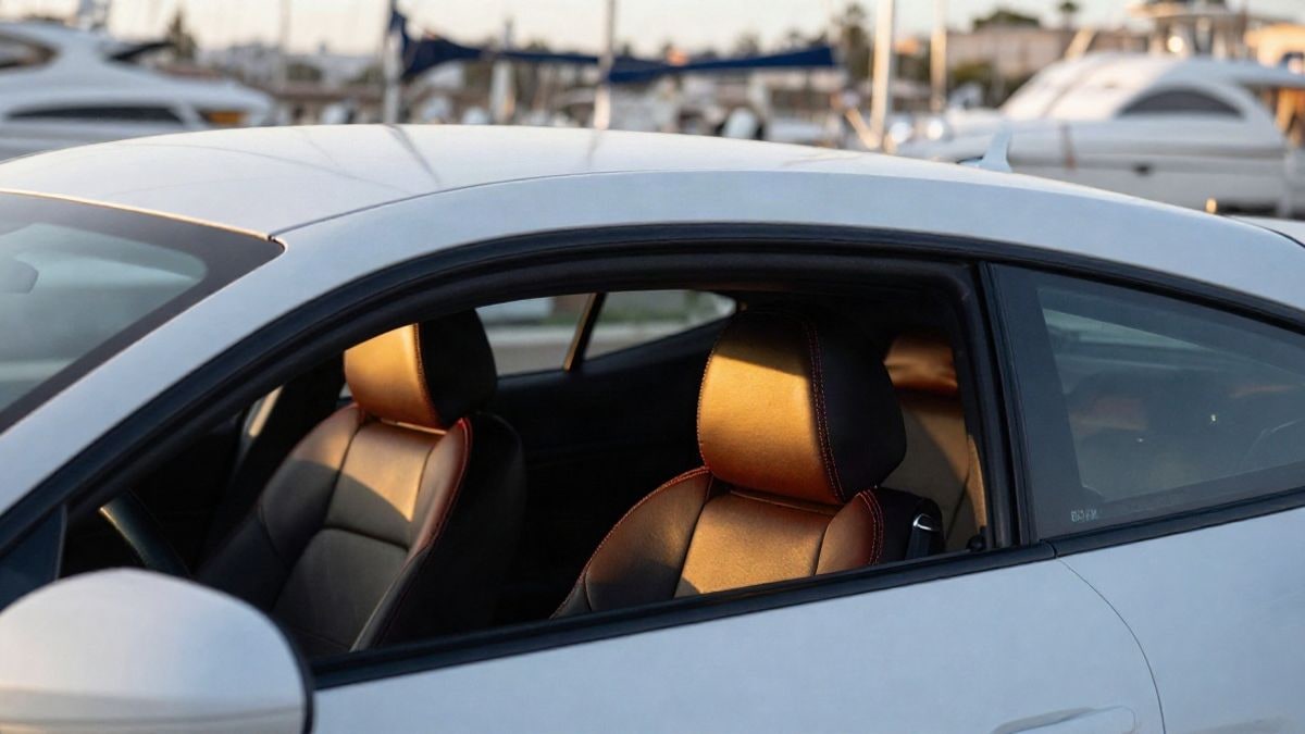 Imagen ilustrativa: detalle del interior de cuero rojo de un coche de lujo aparcado en un puerto deportivo con yates al fondo.
