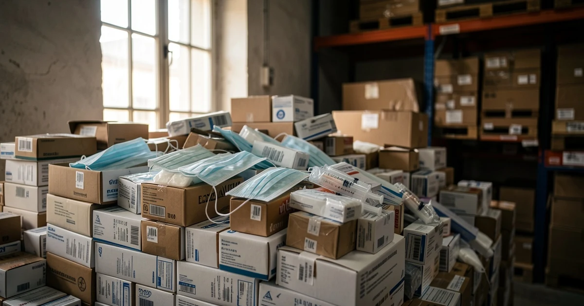 Stack of medical supplies in boxes piled in a warehouse with natural light