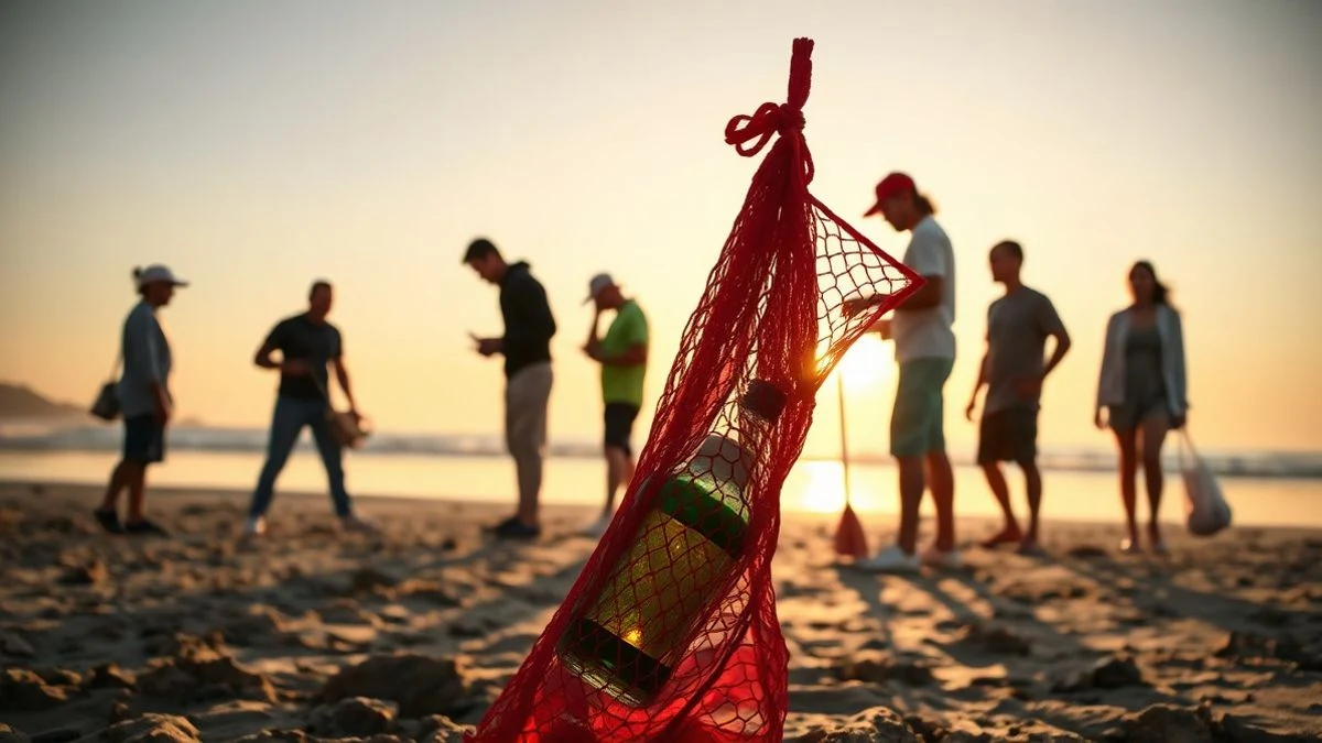 Voluntarios recogiendo basura en una playa al atardecer con sombras largas