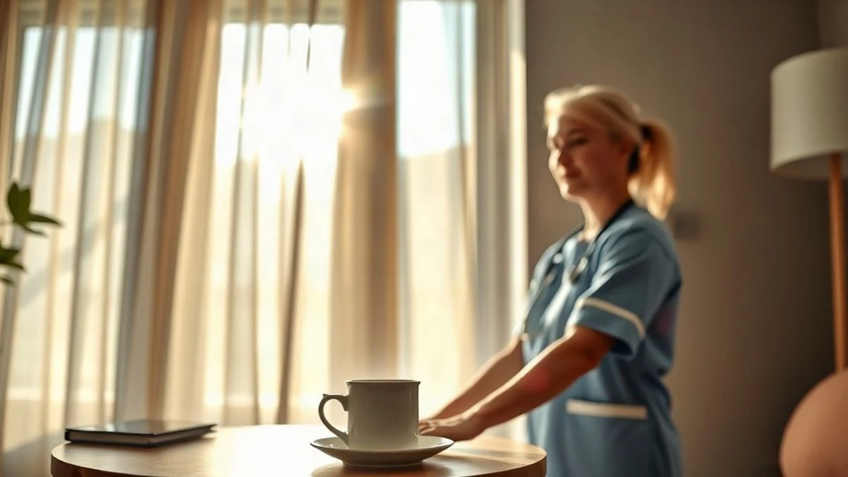 Illustrative image: an indoor scene with side window light, a tea cup, and a caregiver's hands approaching, no faces visible.
