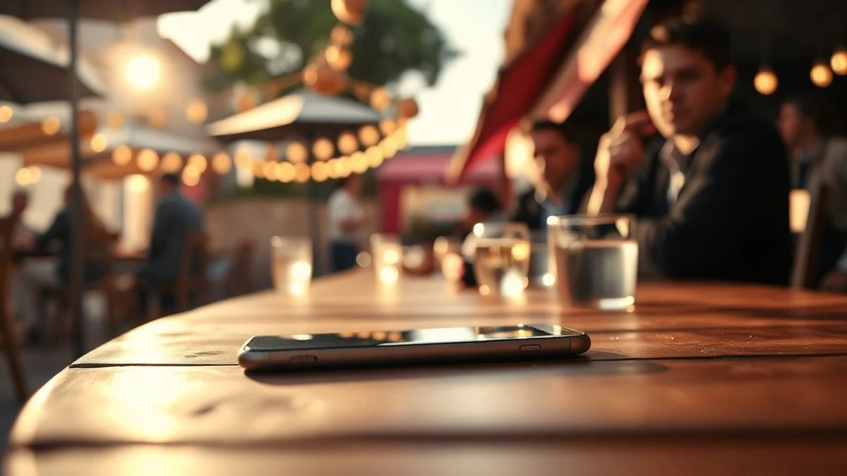 Imagen ilustrativa: un teléfono móvil sobre una mesa en un ambiente festivo con luces de feria desenfocadas al fondo