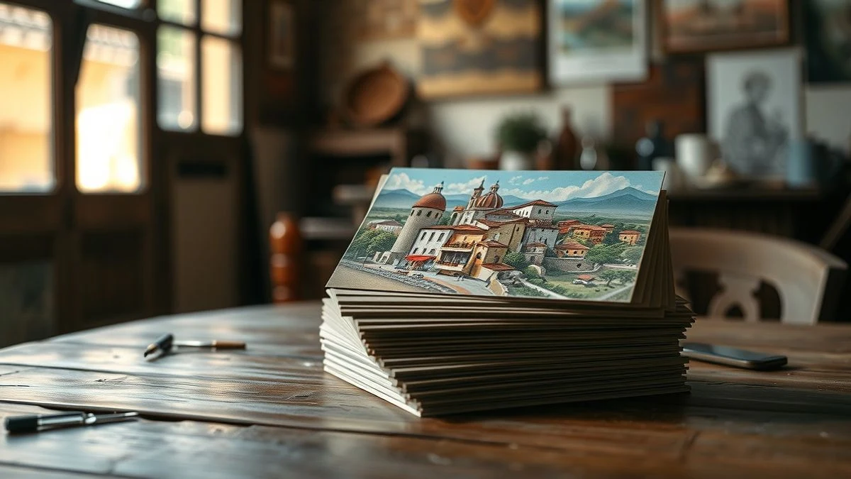Postales navideñas originales de Evaristo Guerra sobre una mesa de madera, con luz natural