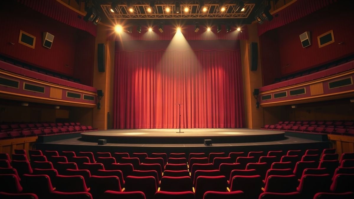 Imagen ilustrativa: un escenario vacío con un micrófono bajo un foco de luz cálida y cortinas rojas de fondo.