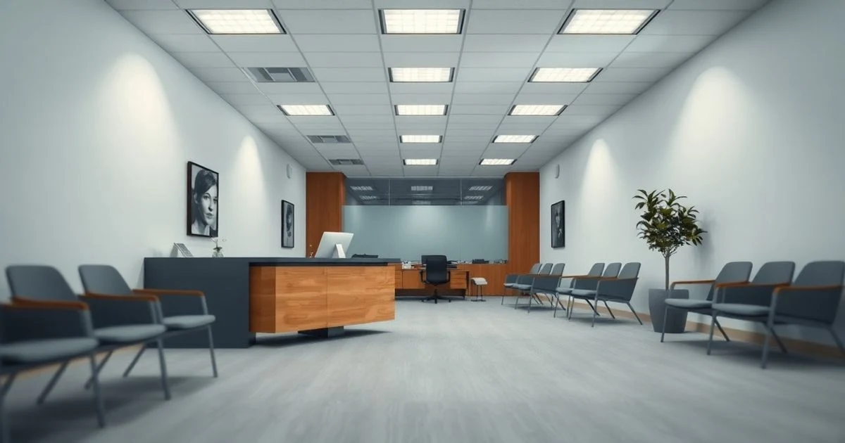 Interior de una oficina vacía y moderna con mostrador de recepción y sillas de espera, iluminación natural