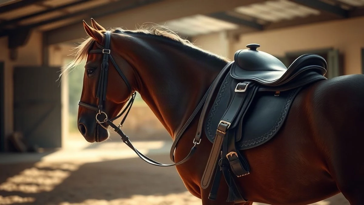 Imagen ilustrativa: caballo con montura tradicional española en un patio soleado, sin personas visibles.