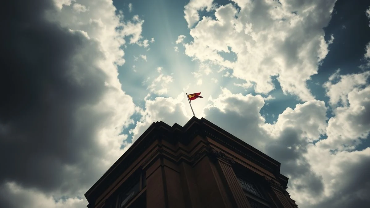 Facade of the Málaga Provincial Council building from a low angle with a cloudy sky in the background