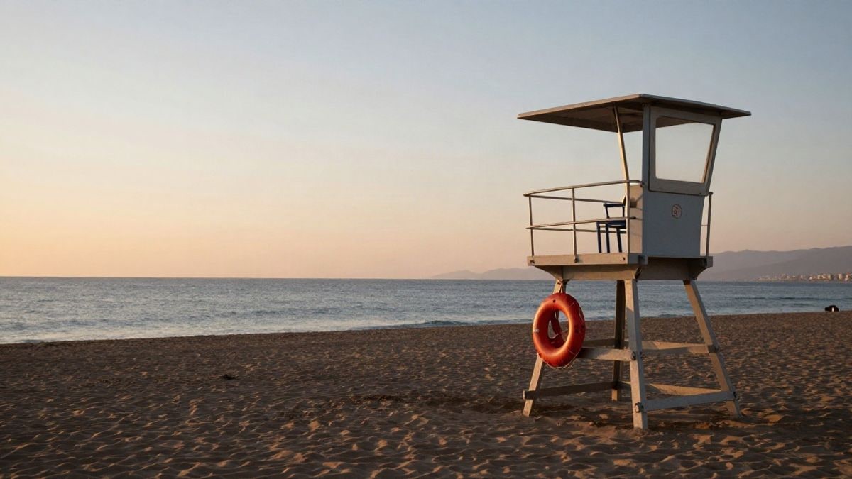 Imagen ilustrativa: torre de vigilancia y salvamento en una playa mediterránea al atardecer, con un flotador de rescate sobre la arena