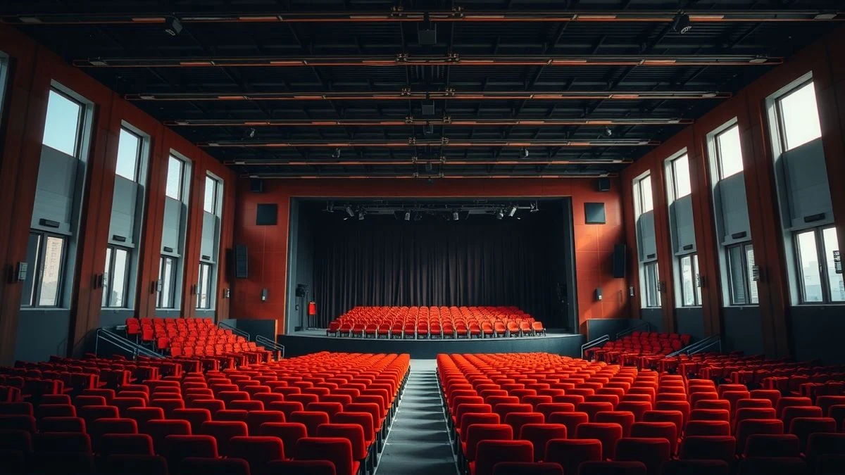 Illustrative image: empty interior of a modern auditorium with red seats and a stage lit by natural light.
