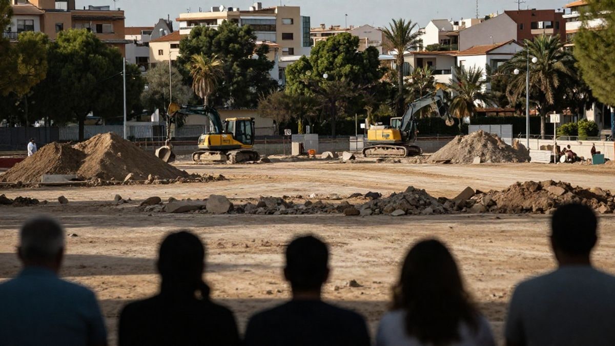 Illustrative image: construction of a future urban park with machinery and excavated soil in a residential area.