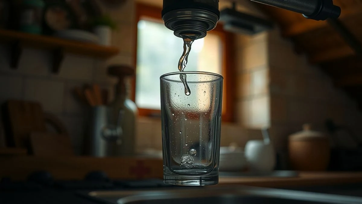 Imagen ilustrativa: un grifo de cocina con una gota de agua cayendo, en un entorno rural desenfocado.