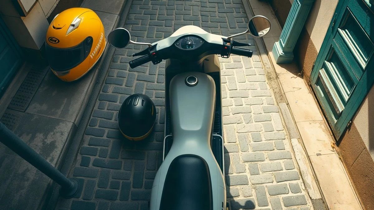 Illustrative image: an electric scooter and a helmet on a cobbled street, viewed from above.