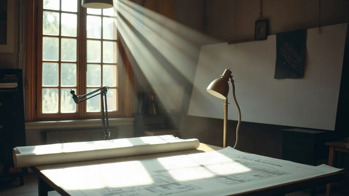 Imagen ilustrativa: una mesa de delineación con planos enrollados y luz lateral de ventana en un estudio de arquitectura.