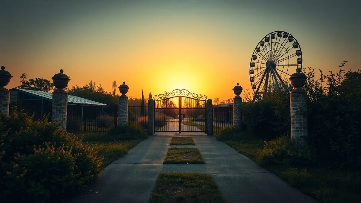 Vista de un parque de atracciones abandonado al atardecer, con un camino que lleva a una puerta cerrada y una noria oxidada al fondo