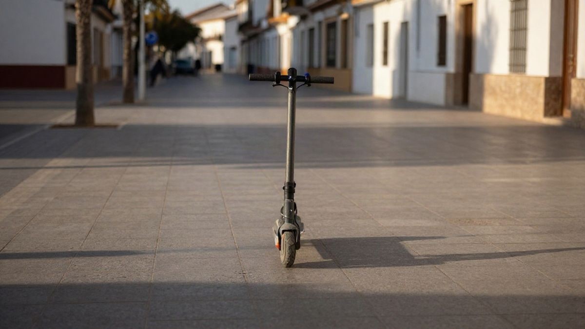 Illustrative image: an electric scooter parked on a cobbled pedestrian street at sunset