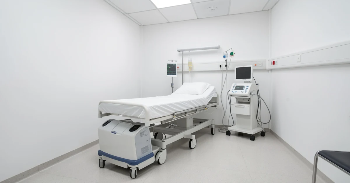 Empty rehabilitation room with superinductive therapy device and hospital bed