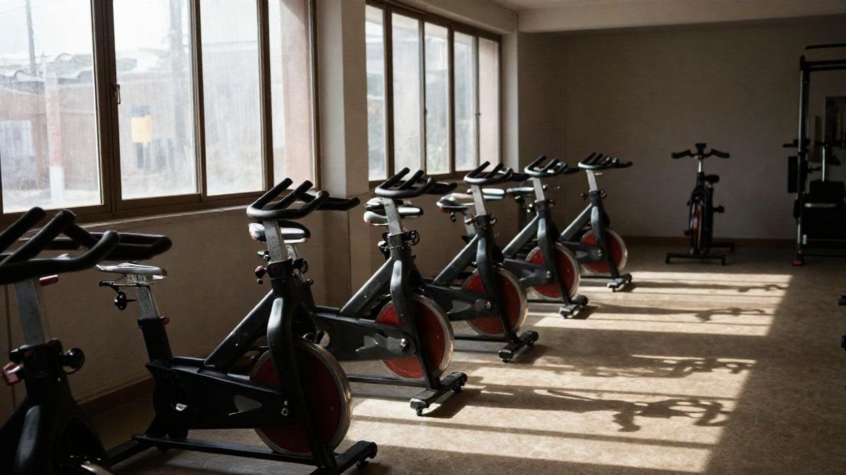 Imagen ilustrativa: sala de spinning vacía con bicicletas estáticas y luz lateral de ventana