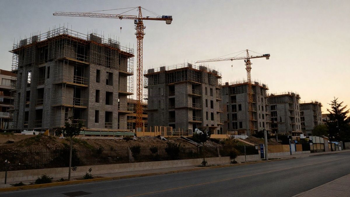 Illustrative image: blocks of flats under construction on a hillside at sunset, with scaffolding and cranes