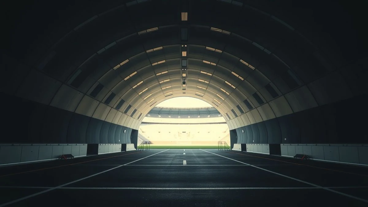 Túnel de vestuarios de un estadio de fútbol con luz natural al fondo