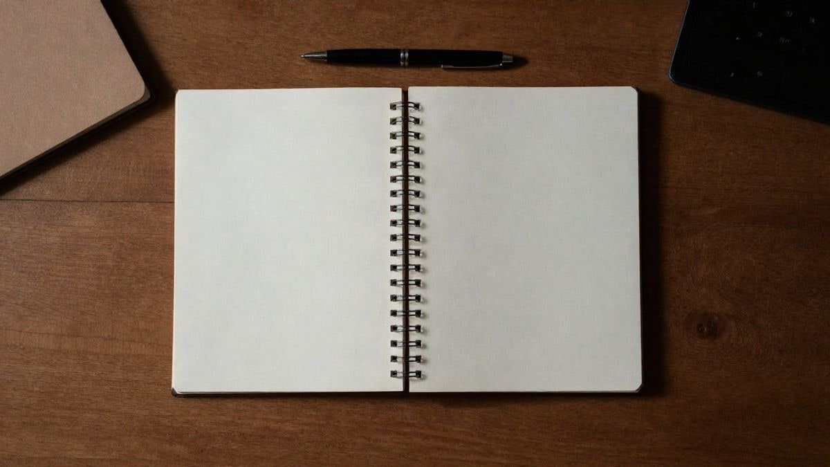 Imagen ilustrativa: vista cenital de una mesa de madera con un cuaderno en blanco, un bolígrafo y una carpeta
