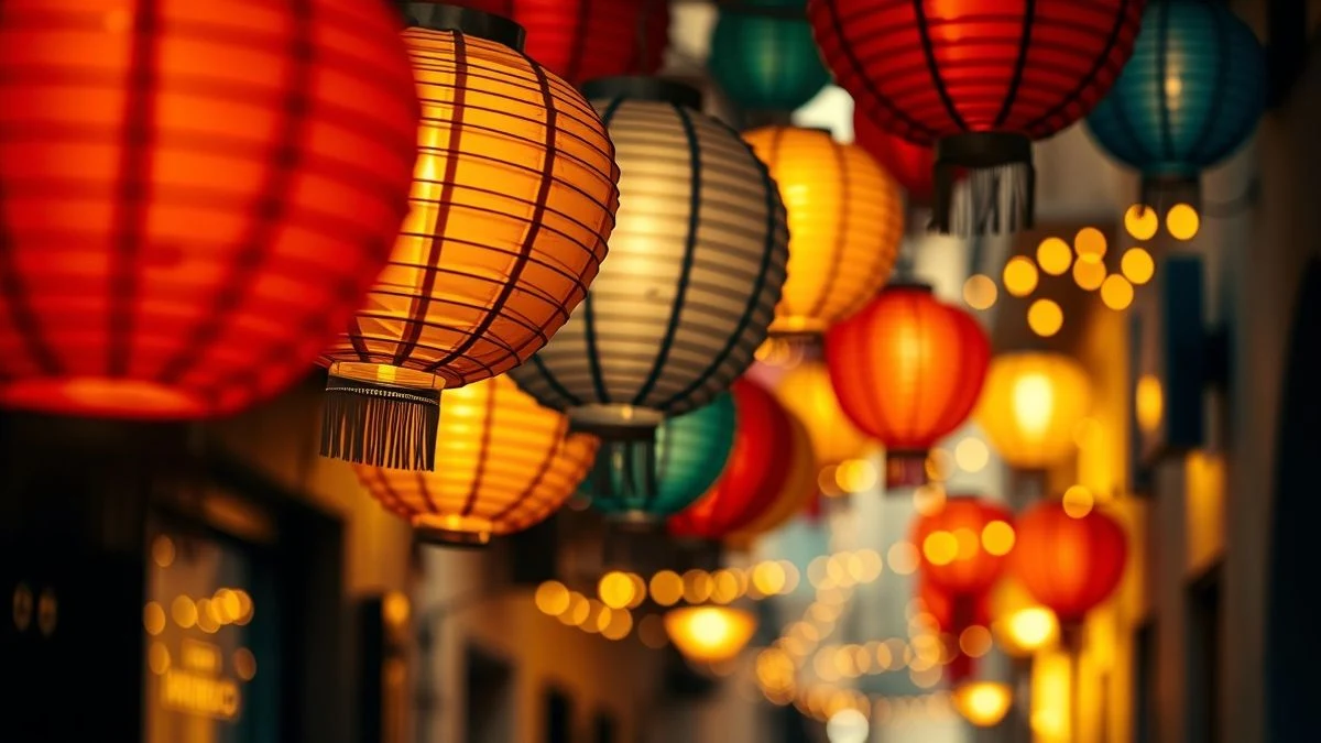 Illustrative image: colourful lanterns hanging in an Andalusian street at sunset, with warm light and a blurred background.