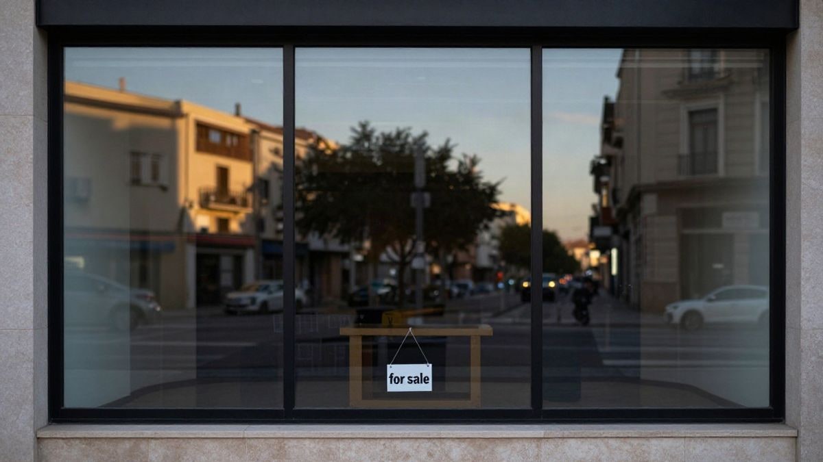 Imagen ilustrativa: escaparate de una agencia inmobiliaria al atardecer con reflejos de la calle en el cristal