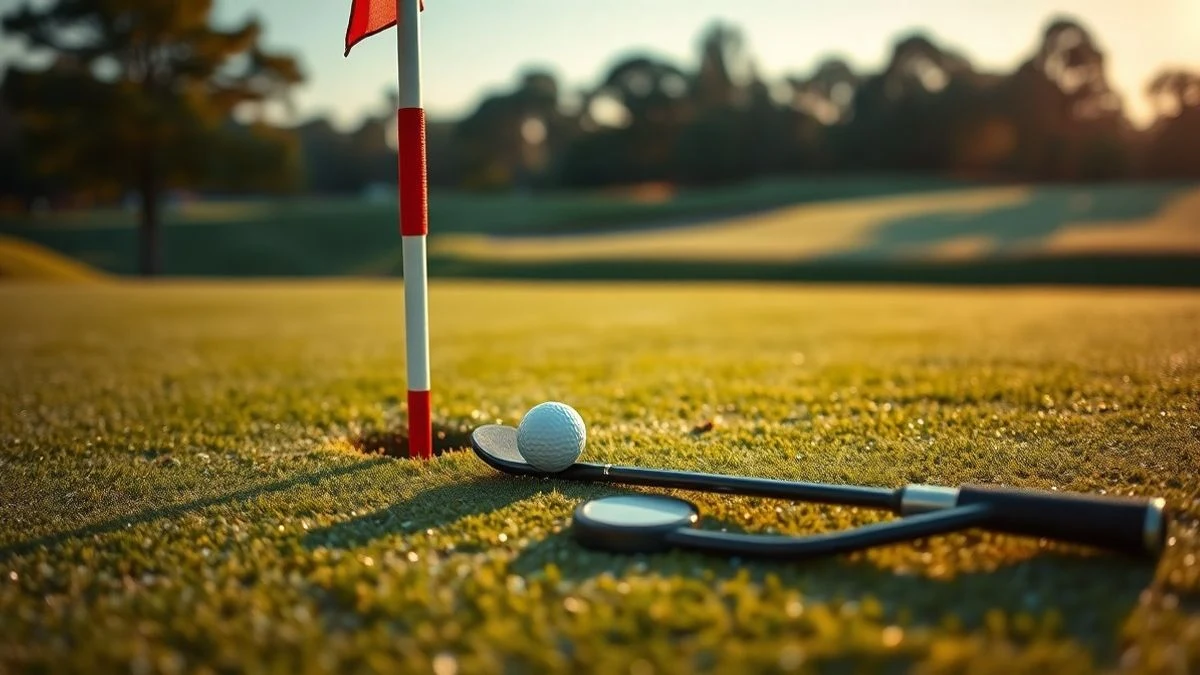 Illustrative image: a golf green at dawn with flag, ball, and putter, with dew on the grass and golden light