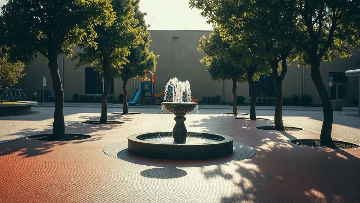Imagen ilustrativa: un parque infantil renovado con juegos de colores y suelo de caucho, con árboles y una fuente al fondo.