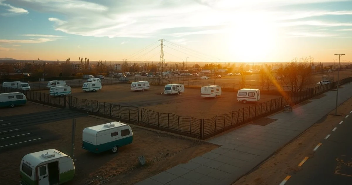 Vista aérea de un solar vacío con valla y algunas caravanas abandonadas al atardecer
