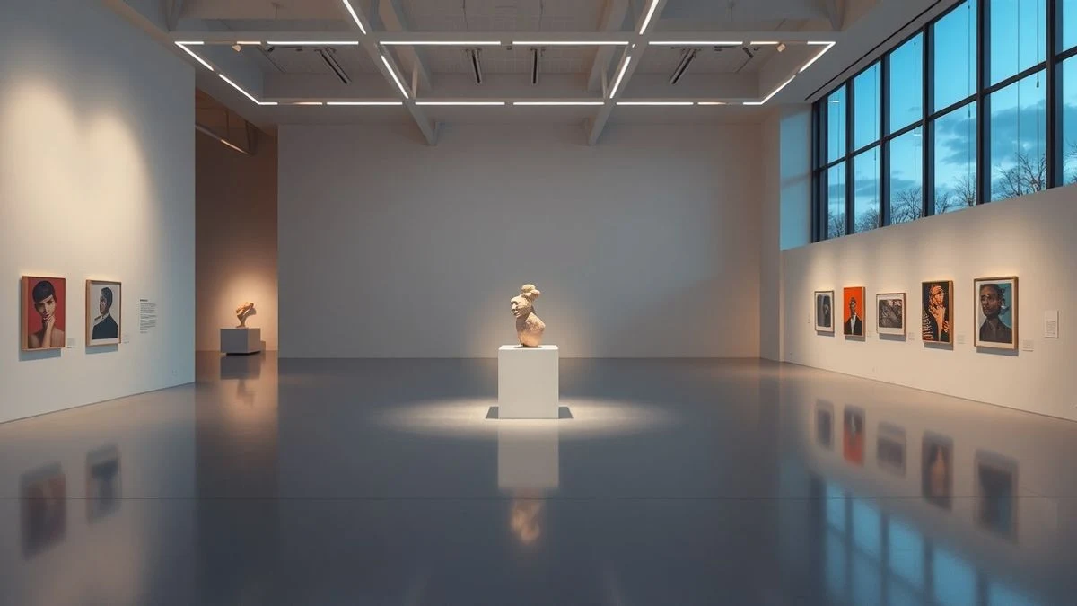 Interior de una galería de arte moderna vacía con luz neón tenue y una escultura abstracta