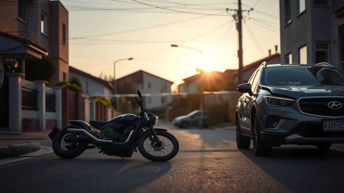 Escena de accidente en una calle residencial de Marbella al amanecer, con una moto caída y un turismo