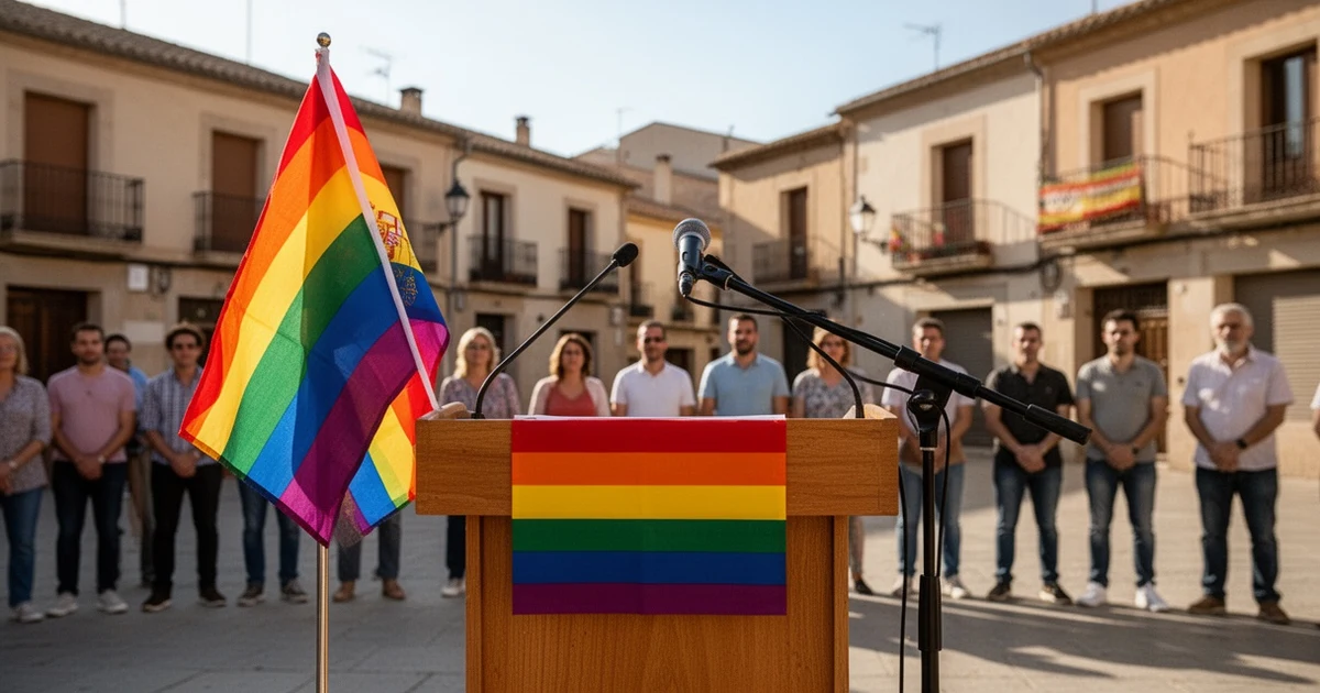LGTBIQ+ Pride event in Nerja with rainbow flag and audience seen from behind