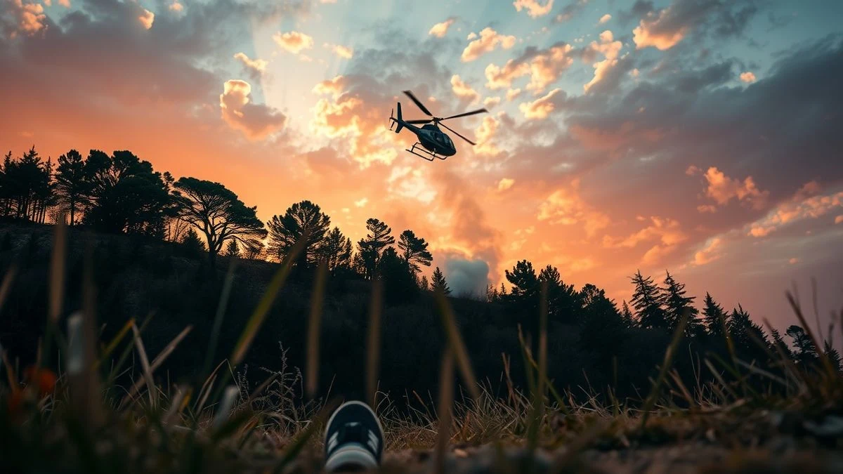 Ground view of a forest slope with smoke and a helicopter flying at sunset