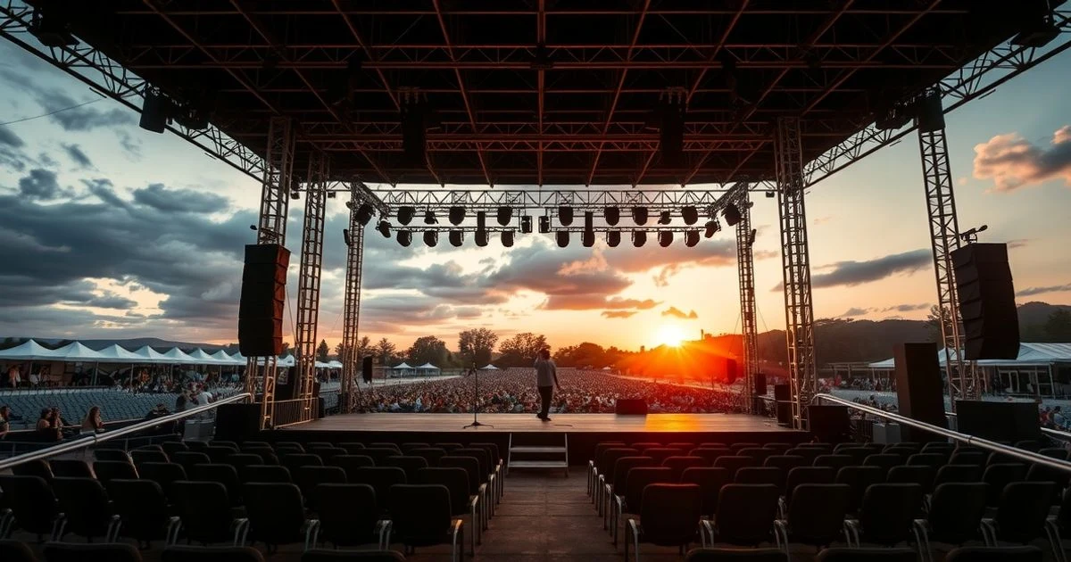 Escenario vacío de un festival al atardecer en Marbella con micrófono y sillas