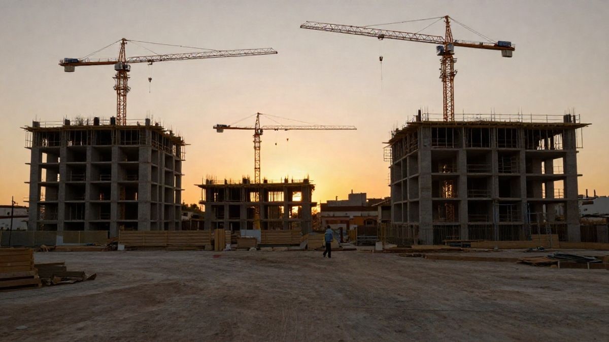 Imagen ilustrativa: grúas y edificios en construcción al atardecer