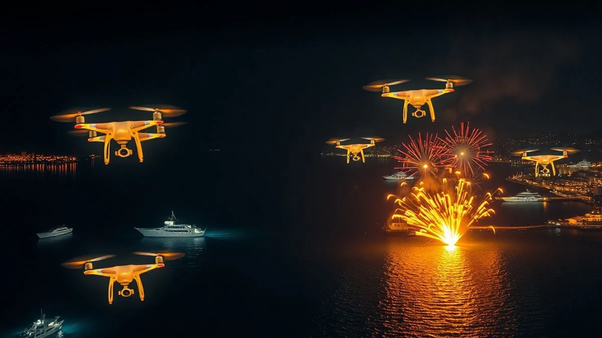 Imagen ilustrativa: drones iluminados sobre un puerto nocturno con fuegos artificiales de fondo