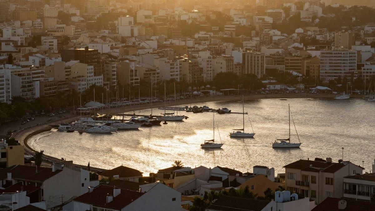 Imagen ilustrativa: vista aérea de un puerto deportivo mediterráneo al amanecer con embarcaciones atracadas.