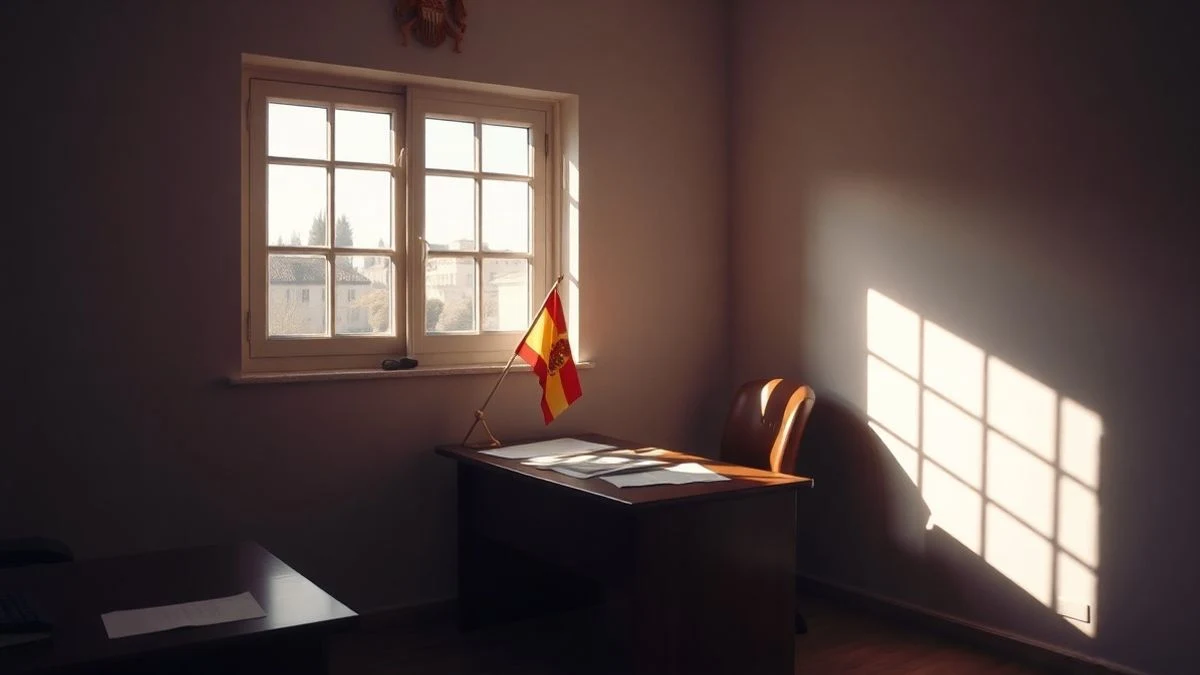 Imagen ilustrativa: una sala de oficina municipal vacía con escritorio y papeles, iluminada por luz de ventana lateral.
