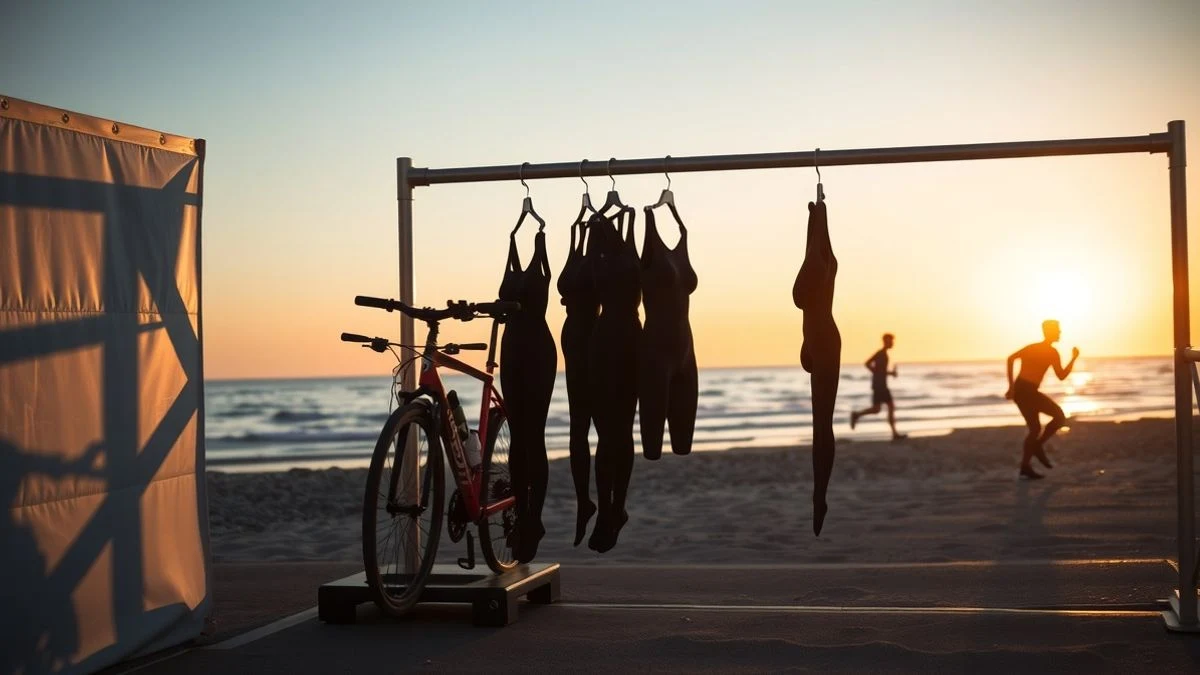 Illustrative image: empty triathlon transition area at sunset on the coast, with bicycles and a tiny runner in the background