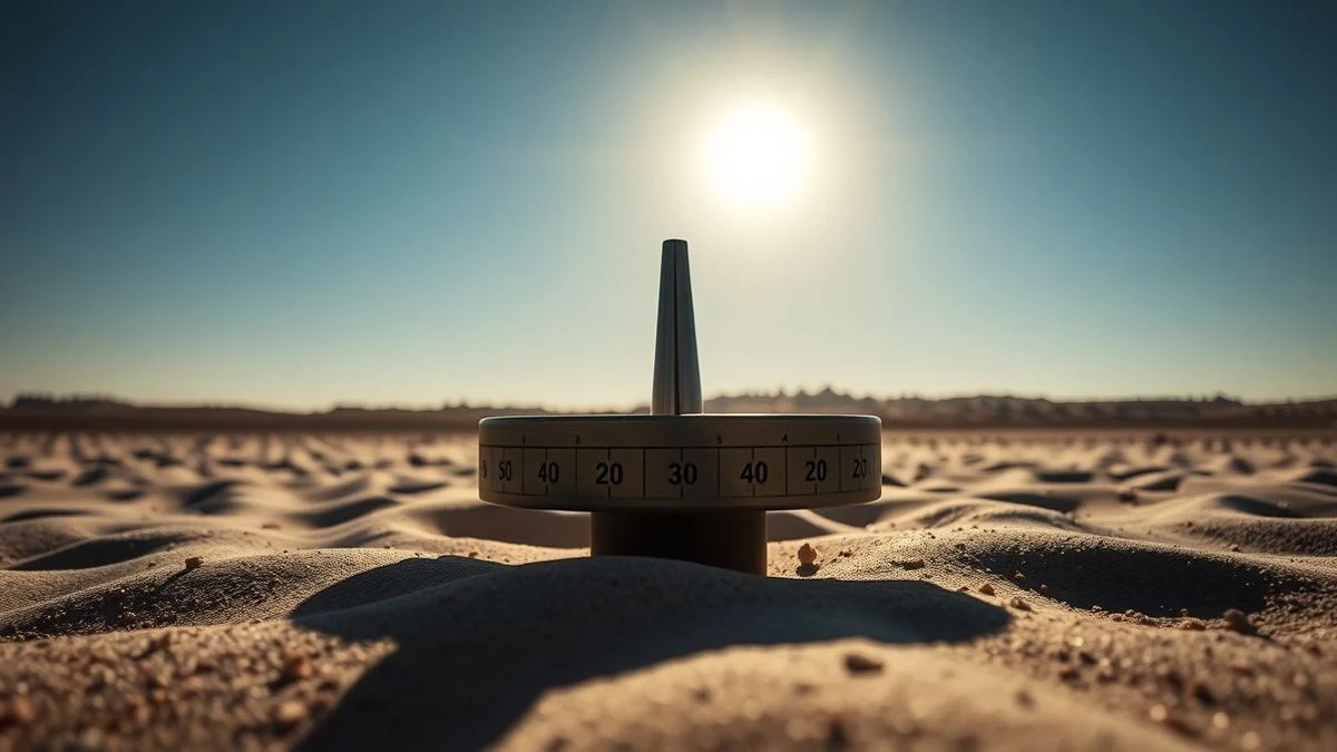 Illustrative image: a beach solar clock with a graduated scale and a shadow projected on the sand, under a clear sky.