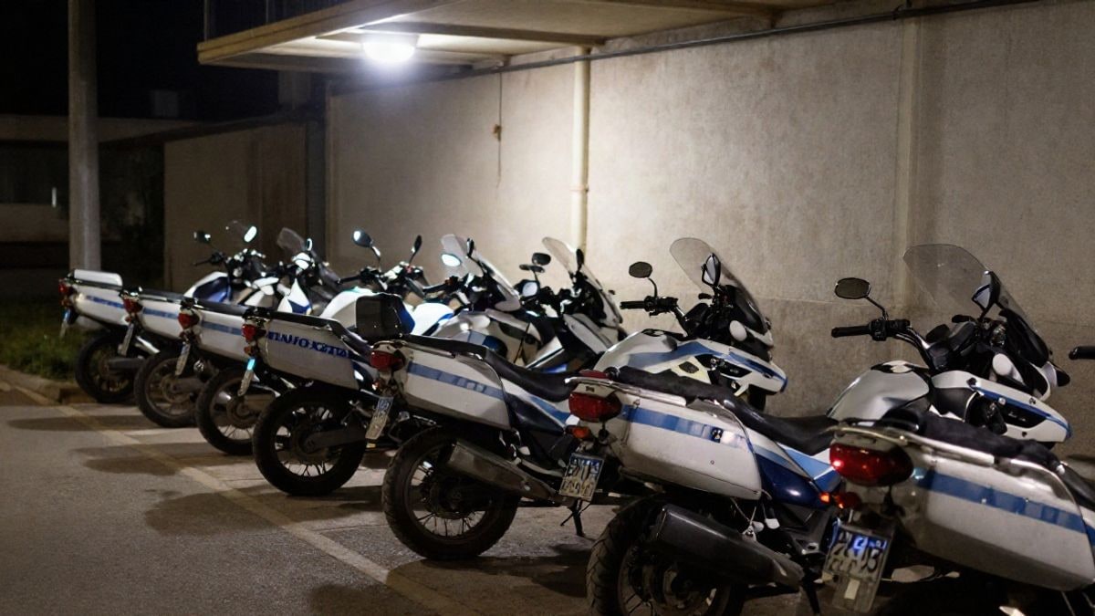 Imagen ilustrativa: motocicletas de policía aparcadas en un garaje municipal iluminado con luz artificial.